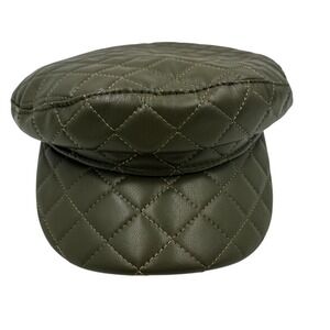 Oak + Leaf Olive Green Quilted Faux Leather Baker Boy Newsboy Cap IHT72108 NWT